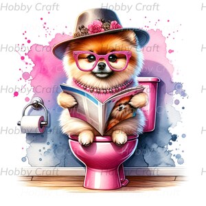 Grillige Pommeren op roze toilet - leuke clipart voor directe download en sublimatieontwerp
