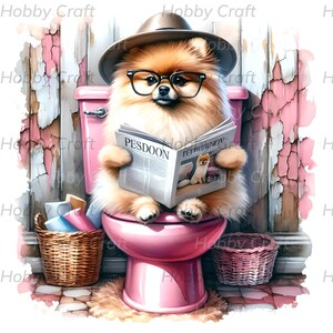 Witziger Spitz Hund auf Pink Toilette lesen Zeitung Clipart - Spaß und spielerisches Sofort Download Design für Sublimationsprojekte