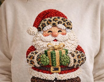 Santa Kunstgarn Clipart PNG, Weihnachten Knüpfhaken Stil Santa, Leopard Print Santa, Sublimation & DTF Design, Instant Download