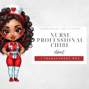 Verspielte Cartoon Krankenschwester Charakter Clipart zum sofortigen Download - niedliches Design mit Herz Ohrringen und rotem Outfit