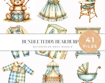 Imágenes prediseñadas para baby shower estilo boho, conjunto de ositos de peluche en acuarela, globo unisex, uso comercial.