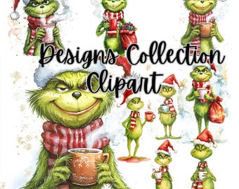 Colección de imágenes prediseñadas de personajes navideños de El Grinch con gorro de Papá Noel y regalos - Descargas instantáneas