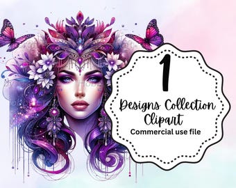 Retrato de diosa de fantasía / Arte de mujer mariposa morada / Arte digital femenino místico / Arte mural imprimible