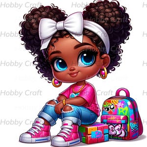 Cheerful Cartoon Girl Clipart for Instant Download - Fun Sublimation Design with Playful Colors and Accessories