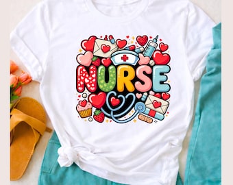 Bunte KRANKENSCHWESTER Clipart Design mit Herzen, Stethoskop und niedlichen Elementen zur Sublimation und zum sofortigen Download