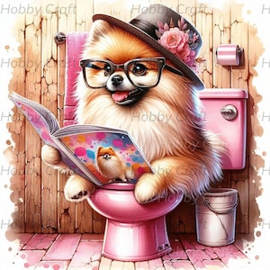 Chien de Poméranie lunatique sur rose toilettes Clipart amusant pour téléchargement immédiat et sublimation