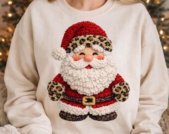 Santa Kunstgarn Clipart PNG, Weihnachten Knüpfhaken Stil Santa, Leopard Print Santa, Sublimation & DTF Design, Instant Download