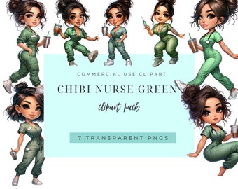 Paquete de descarga digital de imágenes prediseñadas de enfermeras chibi: 7 diseños PNG para manualidades y pegatinas.