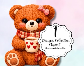 Teddy Bär Clipart PNG | Faux Yarn Bär | Herz Tasse Valentine Illustration | Gemütlicher digitaler Download druckbar