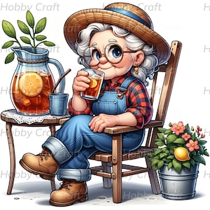 Fröhliche ältere Frau Kunst, bunte Schaukelstuhl Clipart für Sublimationsdesign, lustiges Sommergeschenk für Familie und Freunde
