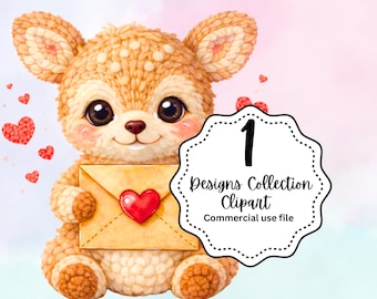 Süße flauschige Hirsch Clipart PNG | Entzückende Cartoon Hirsch mit Liebe Umschlag | Valentinstag Tier | Sublimation Digitaler Download