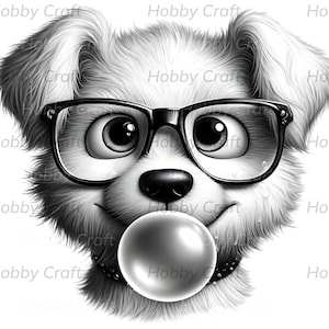 Playful Cartoon Dog Artwork, Adorable Dog with Sunglasses and Bubblegum for Sublimation Designs, Perfect Gift for Friends