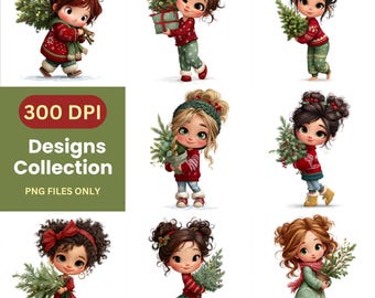 Clipart navideño de niña con árbol, papel imprimible para sublimación, descarga digital navideña, dibujos animados PNG