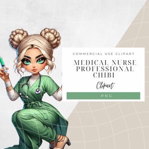 Employé de santé en dessin animé ludique avec une seringue et un flacon en vert Scrubs - Clipart pour téléchargement immédiat et sublimation