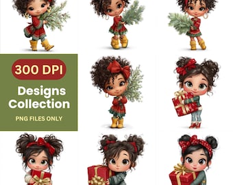 Clipart navideño de niña con árbol, papel imprimible para sublimación, descarga digital navideña, dibujos animados PNG