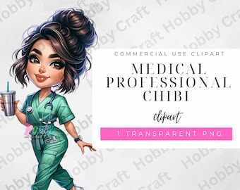 Enfermera Chibi Clipart: Profesional Médico Acuarela PNG (Descarga Digital)