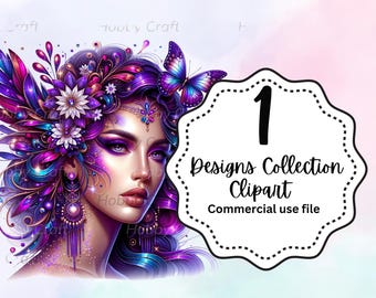 Clipart de mujer de cabello morado con mariposas, diseño de sublimación, descarga instantánea de moda