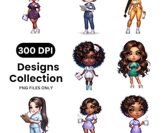 Enfermera Chibi: Imágenes prediseñadas digitales, papel imprimible para diseño de sublimación, dibujos animados PNG