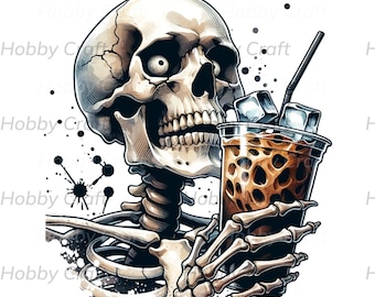 Clipart de esqueleto tomando café helado: divertido diseño de sublimación para proyectos de Cricut y regalos de otoño