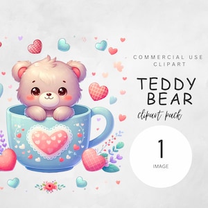 Adorable oso asomando desde una taza de té azul claro con motivo de corazón - Lindo clipart para diseño de sublimación y descarga instantánea