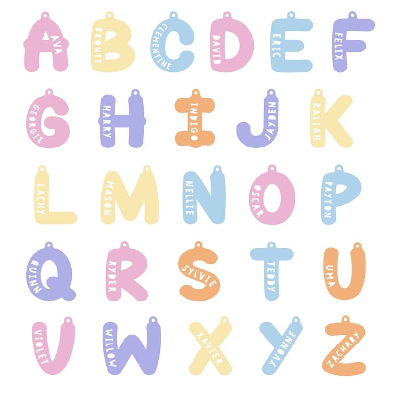 May include: A set of 26 colorful, personalized alphabet letter charms with names printed on each letter. The letters are in a variety of pastel colors, including pink, blue, yellow, and orange. Each letter has a hole at the top for attaching to a keychain or other item.