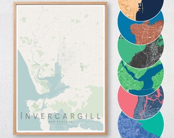 INVERCARGILL Karte Drucken | Neuseeland Stadt Karte Drucken | Wand-Kunst-Poster | Wand-Dekor | A3 A2 16x20