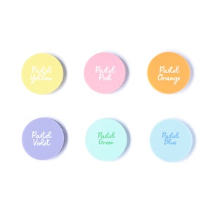 May include: Six pastel colored round stickers with the words "Pastel Yellow", "Pastel Pink", "Pastel Orange", "Pastel Violet", "Pastel Green", and "Pastel Blue" written in white.