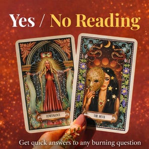 May include: Two tarot cards, "Temperance" and "The Devil", are displayed against a reddish-brown background with sparkling effects. The cards feature detailed illustrations of figures and symbols. Text at the top reads "Yes / No Reading" and at the bottom "Get quick answers to any burning question."