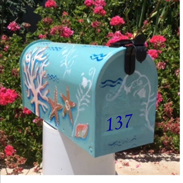 hand painted mailboxes beach tropical  ocean sea whimsical, coral waves personalized,  shells turquoise,  wedding card seashore starfish