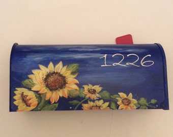 Hand painted mailboxes sunflower, blue, yellow, white, wedding rustic western card mailbox, gift, custom, personalized,  sunflower wedding