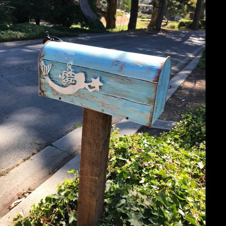 Beach mailbox only painted faux wood Mermaid FLAG NOT INCLUDED turquoise blue distressed rustic look image 1