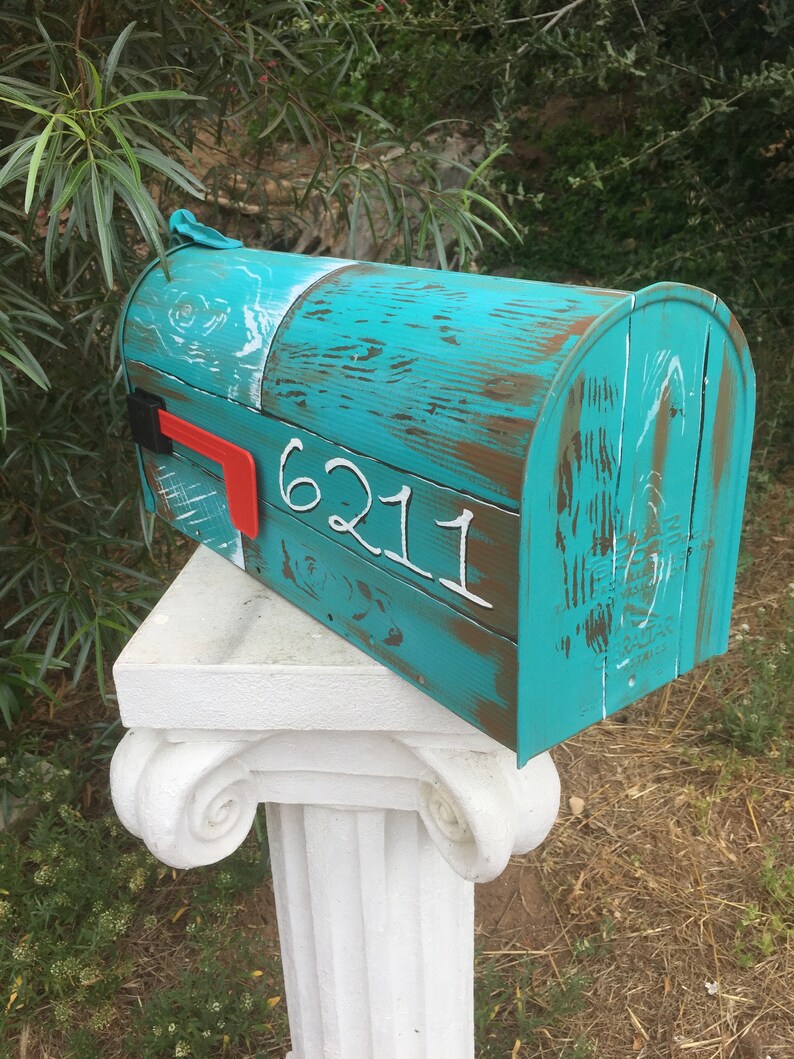 Beach mailbox only painted faux wood Mermaid FLAG NOT INCLUDED turquoise blue distressed rustic look image 5