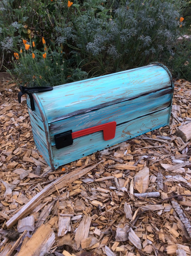 Beach mailbox only painted faux wood Mermaid FLAG NOT INCLUDED turquoise blue distressed rustic look image 2