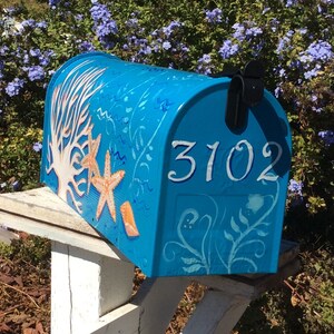 hand painted mailboxes tropical beach coastal, coral, waves, personalized,  shells turquoise,  wedding card seashore starfish ocean sea