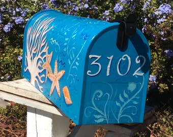 hand painted mailboxes tropical beach coastal, coral, waves, personalized,  shells turquoise,  wedding card seashore starfish ocean sea