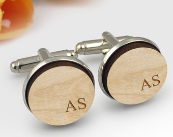 Personalised Engraved Wooden Mens Cufflinks Gift with Metal base | Custom Initials Letters | Husband Boyfriend Fathers Day Birthday Wedding