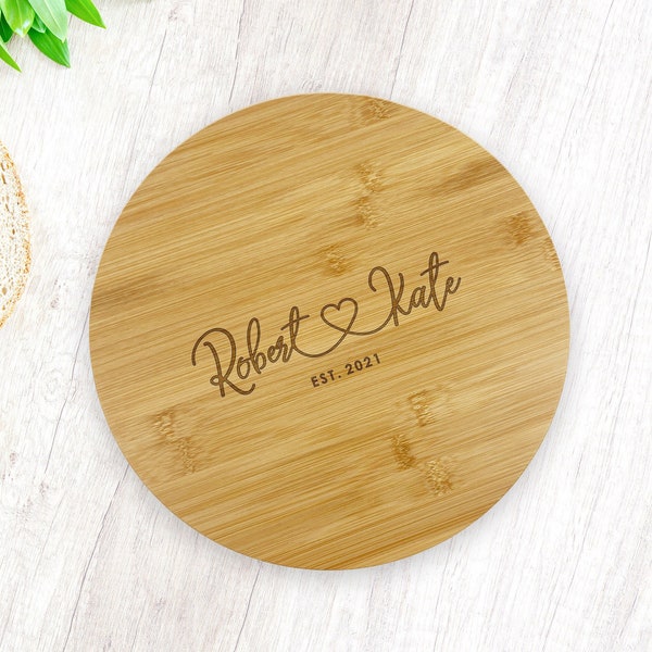 Personalised Round Kitchen Cutting Board Couple Gift Engagement Wedding | Custom Text Names Date | Cheese Serving Chopping Board Cake Plate