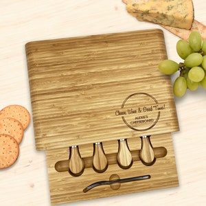 Personalised Wooden Cheese Board & Knives Gift Set Custom Name | Fathers Day Mothers Day Birthday Christmas | Cheese Wine Good Times