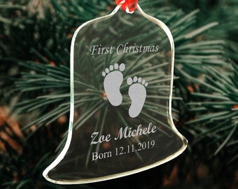 Personalised Engraved Glass Crystal Christmas Bell Ornament Gift | Couple First Christmas Babys 1st Xmas | Custom Name Date Text Love Heart