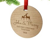 Personalised First Christmas Wooden Round Christmas Bauble Ornament Gift Custom Couple Names Date Christmas Tree Keepsake Decoration