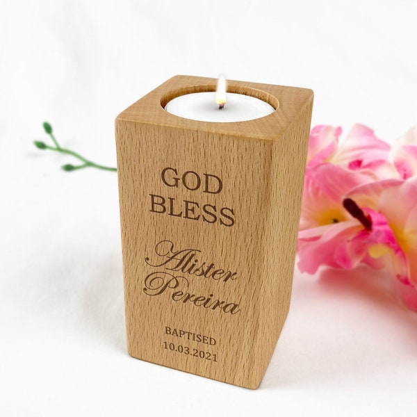 Personalised Wooden EngravedTealight Candle Holder with Gift Box for Baptism Christening Free Shipping Custom Name Date Text Message Artwork