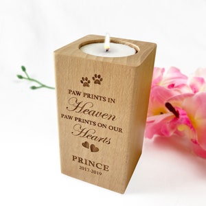 Personalised Engraved Wooden Pet Loss Memorial Tealight Candle Holder with Gift Box  | Remembrance Heaven Memory Dog Cat | Paw Prints Hearts