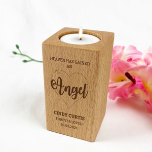 Personalised Engraved Wooden Memorial Tealight Angel Candle Holder Gift | Sympathy Remembrance Loved One In Loving Memory I Custom Name Text