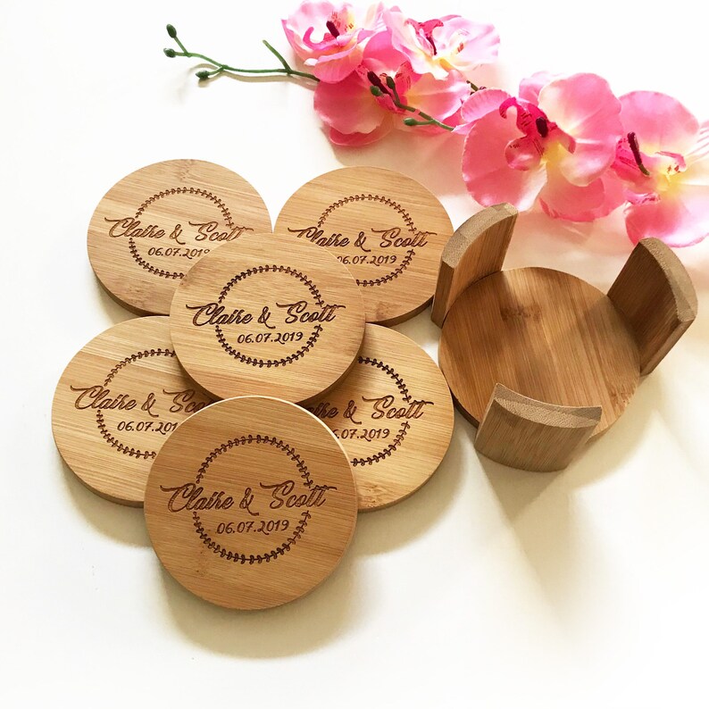 Personalised Engaved Round Bamboo Coasters with Stand 6 Etsy
