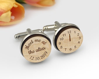 Personalised meet me at the altar round wooden engraved mens shirt cufflinks date time clock | gift box velvet pouch | gold sliver gun metal