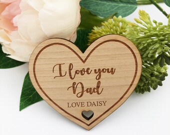 Personalised Engraved Fathers Day Wooden Heart Fridge Magnet Gift for Dad with message | I Love you | Thank you | Birthday Special Occasion