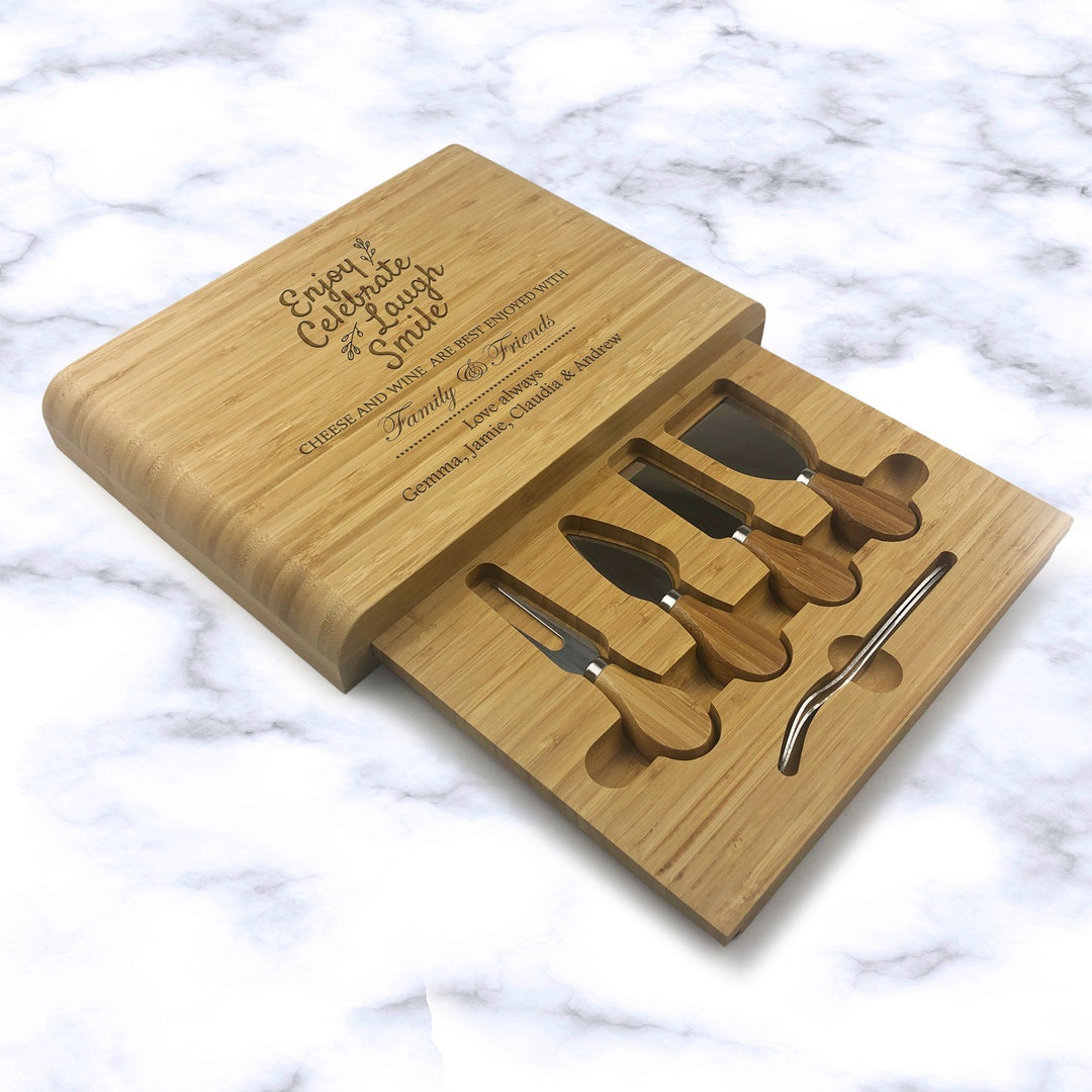 Personalised Cheese Board & Knives Gift Set Custom Names Message Enjoy