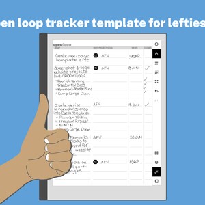 Può includere: Un modello di pianificatore digitale per mancini, visualizzato su un tablet. Il modello presenta un layout a griglia con sezioni per gli obiettivi del progetto, le date e lo stato di completamento. Il testo "open loop tracker template for lefties" è in alto.