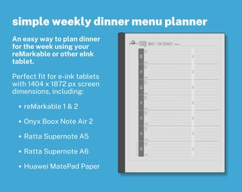 Simple Weekly Dinner Menu Planner with Grocery List - for eInk tablets like reMarkable and Boox