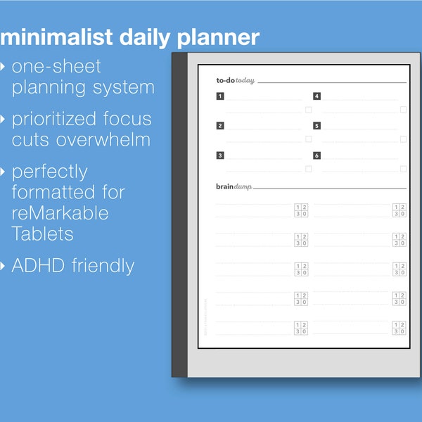 Minimalist / ADHD Digital Planner – A Simple Daily Productivity Planner on One Page – E Ink / reMarkable Tablet Version